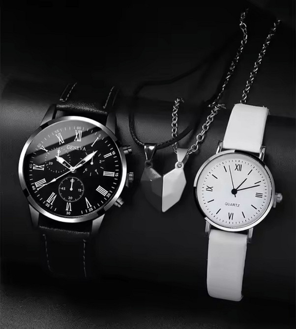 Подарочный набор для мужчин и женщин 2 парные часы с 2 ожерельем серце диам 4см длин 24см шир 2см черно-белый Киев - изображение 1