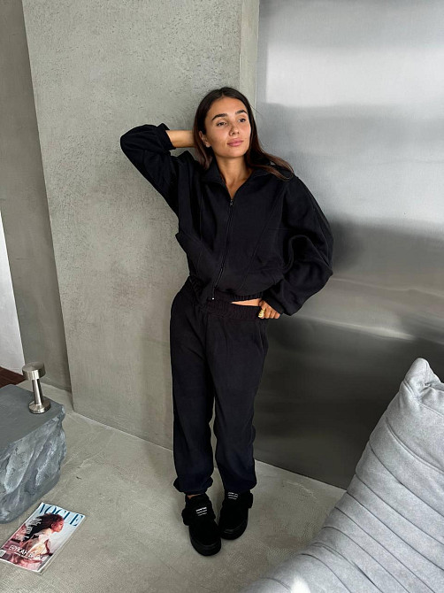 Жіночий теплий спортивний костюм: кофта та штани турецький двосторонній фліс Чорний, 42/44 Одеса - фото 5