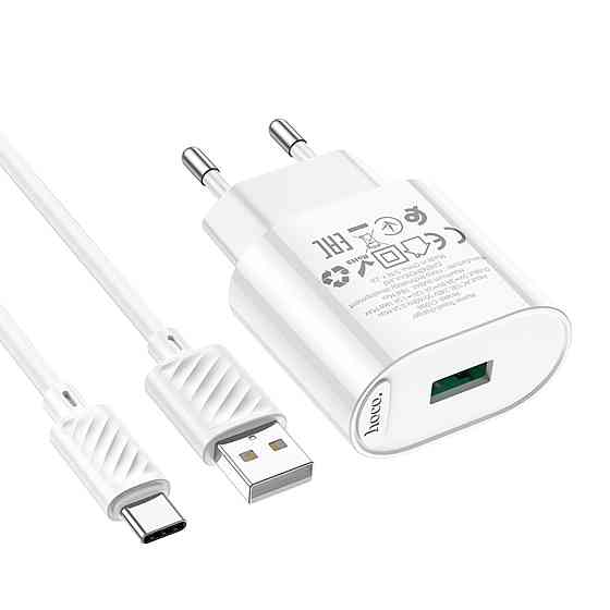 Мережевий зарядний пристрій HOCO C109A Fighter single port QC3.0 charger set(Type-C) White Київ