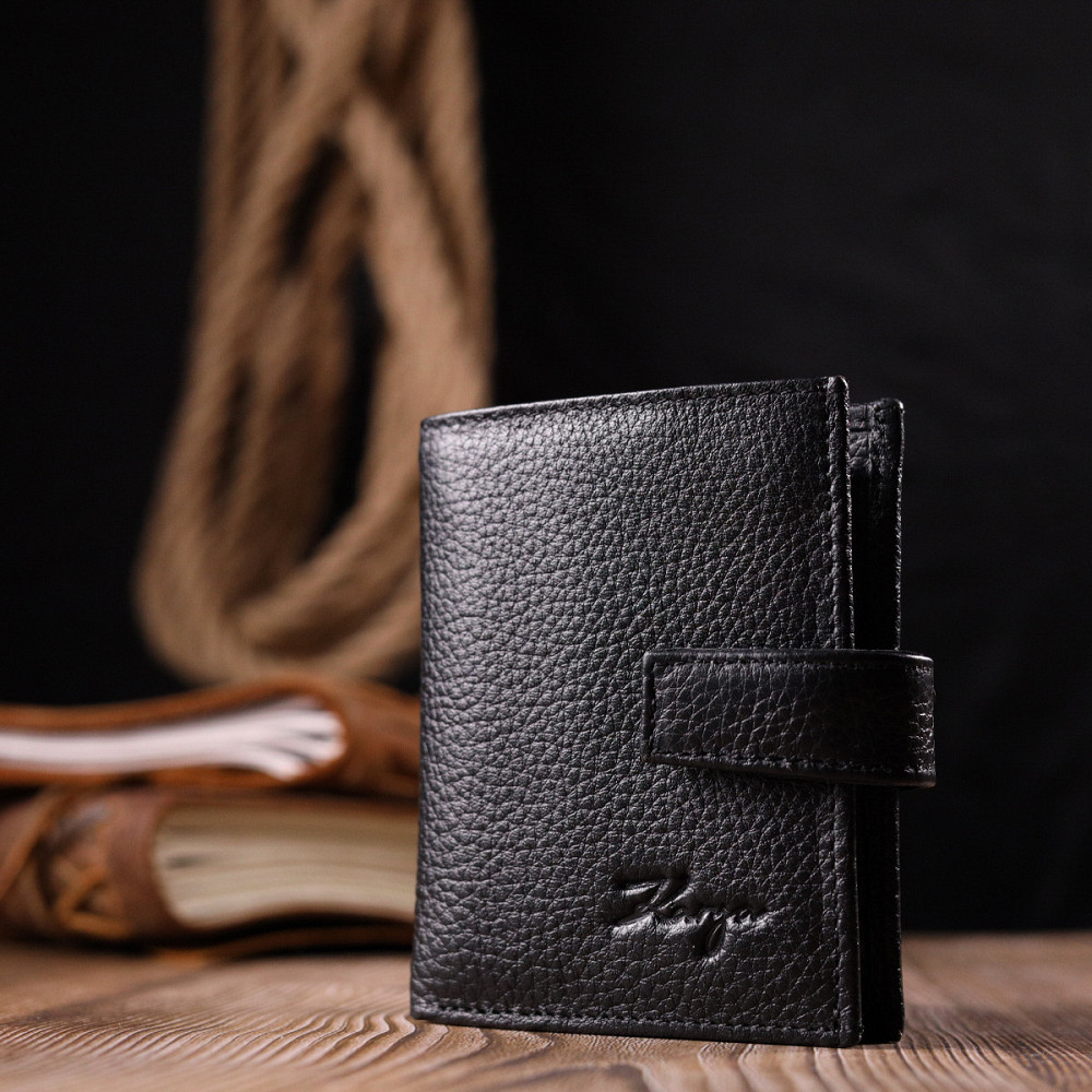 Функциональный вертикальный небольшой мужской кошелек из зернистой кожи KARYA 20992 Черный Киев - изображение 10