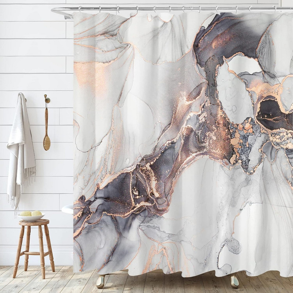 Шторка для ванної та душу 180x180 см водостійка, шторка для ванної кімнати з кільцями і гачками, з мармурово-золотим принтом Кам'янець-Подільський - фото 2