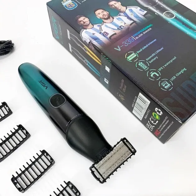Бритва-тример для бороди та вусів VGR V-339 Green: водонепроникна IPX7, 4 насадки, USB, акумуляторна, зелена Одеса - фото 3