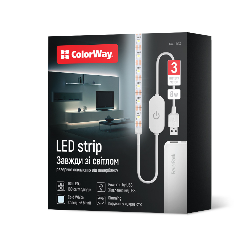 Світлодіодна стрічка USB 3м холодне біле світло CW-LD03 ColorWay Житомир