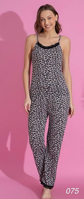 Жіноча принтована піжама-двійка: майка та штани з мереживом Сірий, 46 Одеса - фото 1