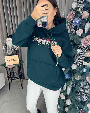 Жіноча тепла новорічна худі оверсайз крою тринитка на флісі Смарагдовий, 48/52 Одеса