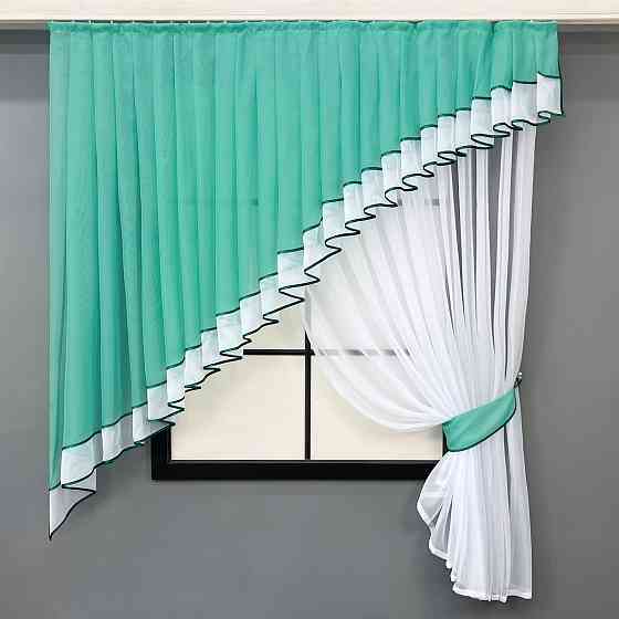 Кухонний комплект VR-Textil № 062к шторка з ламбрекеном бірюзовий з білим 150х170 см (52-1170) Київ