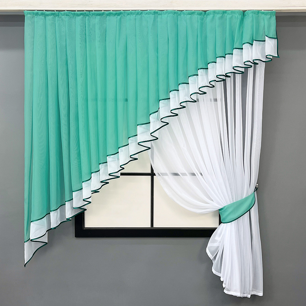 Кухонний комплект VR-Textil № 062к шторка з ламбрекеном бірюзовий з білим 150х170 см (52-1170) Київ - фото 1