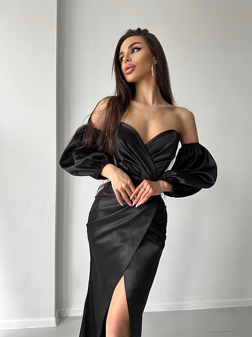 Женское роскошное вечернее платье со шлейфом и съемными рукавами из королевского атласа Черный, M Одесса - изображение 8