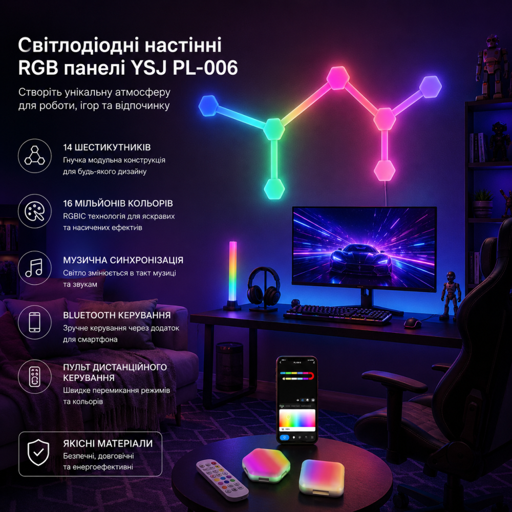 Світлодіодні настінні RGB світлові панелі YSJ PL-006, 14 шестикутників, музична синхронізація, Bluetooth, пульт Київ - фото 8