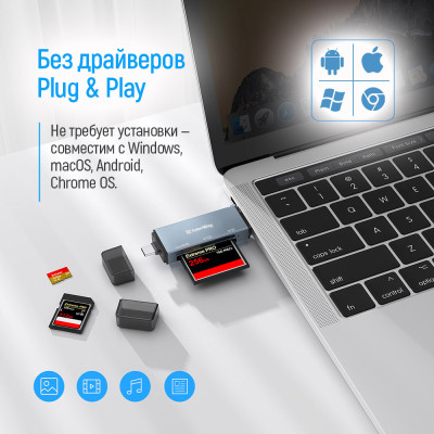 Зчитувач флеш-карт ColorWay USB 2.0/USB-C to CF/SD/MicroSD (CW-CR-01) Вінниця - фото 3
