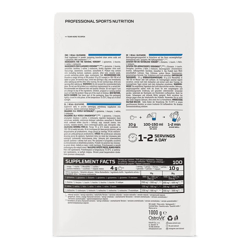Амінокислоти Ostrovit BCAA + Glutamine 1000 г, Pure Луцьк - фото 2