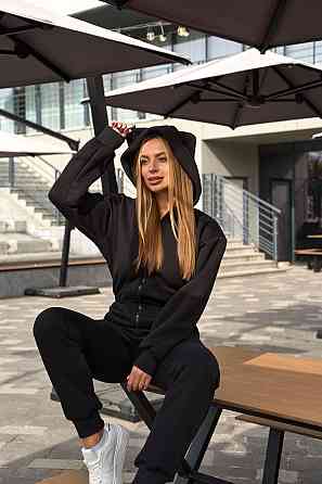 Комбінезон жіночий зимовий на флісі трьохнитка з вушками капюшоном і кишенями теплий Чорний Одеса