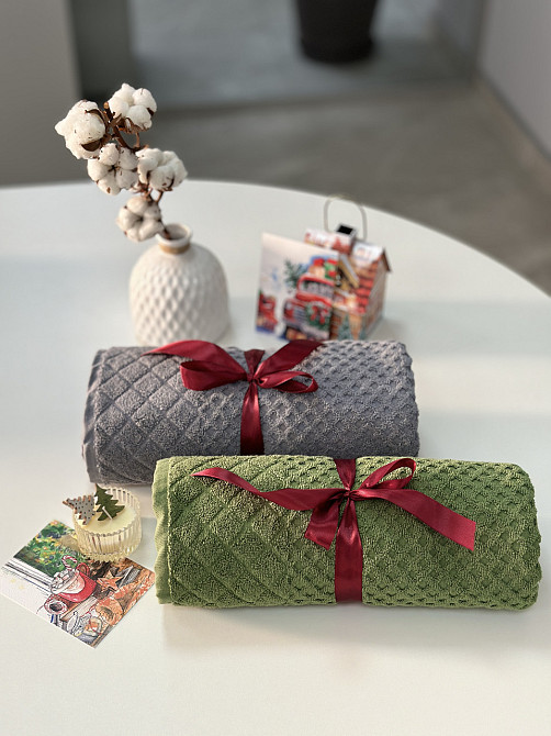 Махровое банное полотенце с подарочной ленточкой 70х140 550 г/м2, Клетка Черновцы - изображение 8