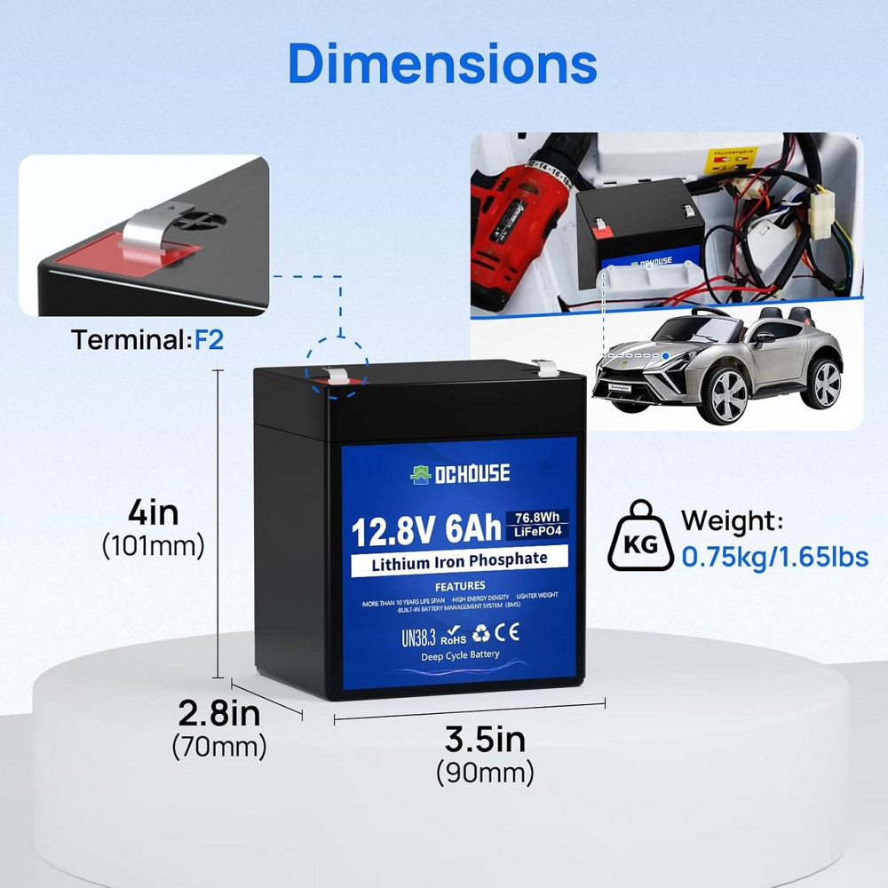 Акумулятор DCHOUSE B0CPPBKL16 12В 6А·год чорний LiFePO4 з BMS 3000+ циклів перезаряджувальний для кемпінгу, сонячних систем, Київ - фото 5