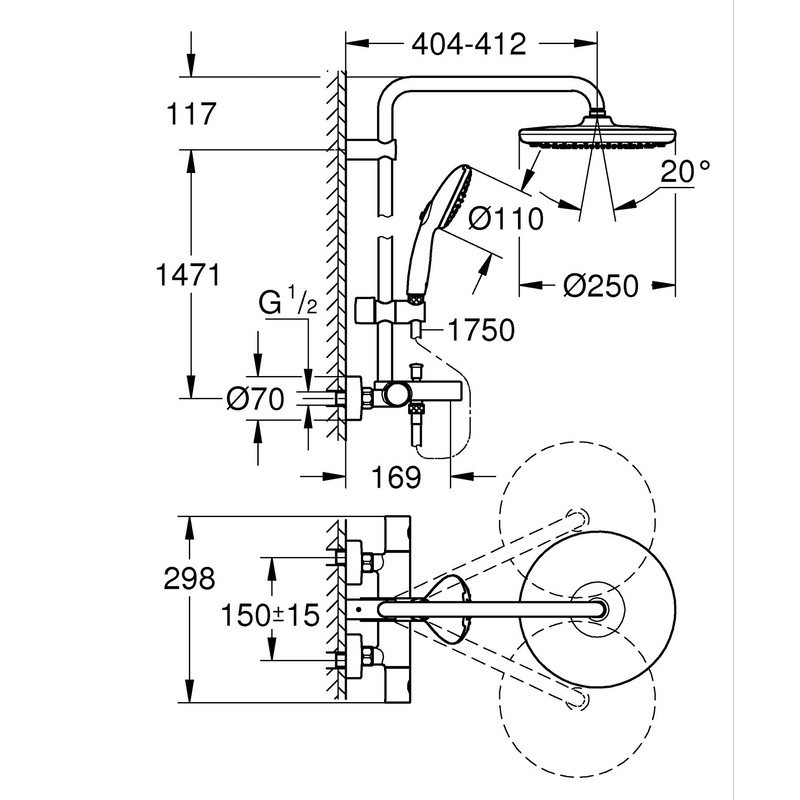 Душова система настінного монтажу Grohe Tempesta System 250 з термостатом для ванни   ( 26672001 ) 32363 Харьков - изображение 3