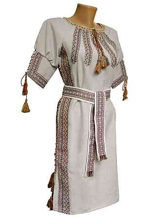 Нежное женское вышитое платье цвета лен с манжетом рукавом. Киев