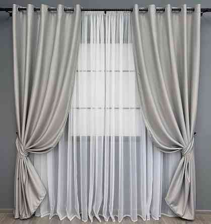 Комплект штор на люверсах VR-Textil Шеніл однотонний № 1690ш Попелястий 150х250 см 2 шт (37-0242) Київ