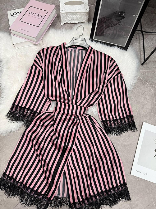 Женский домашний халат в полоску шелк армани с кружевом Розовый, 48/52 Одесса - изображение 1