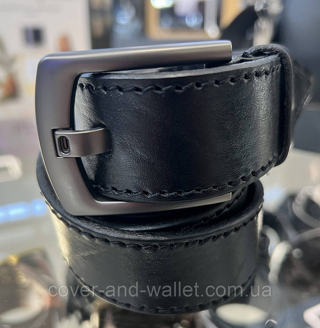 Широкий мужской джинсовый ремень из натуральной кожи черного цвета 40 мм PS Leather Киев - изображение 4