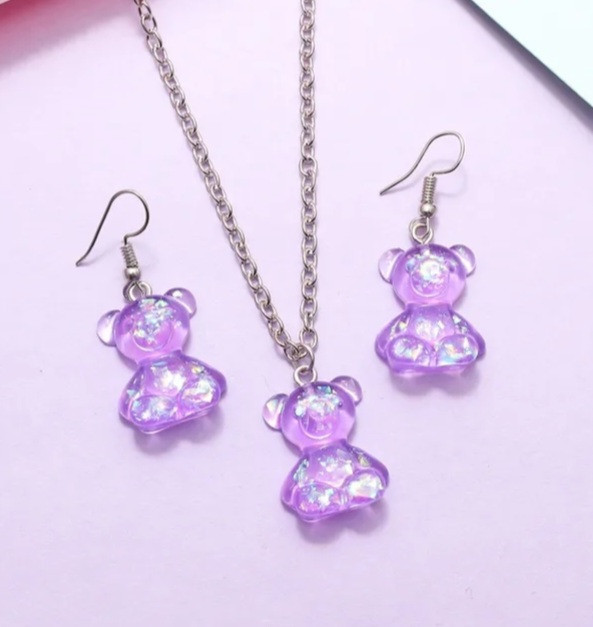 Мишки бижутерия набор фиолетовый - в набор входит сережки одна пара и цепочка с кулоном, материал смола Киев - изображение 1