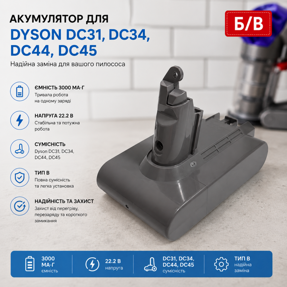 Б/В Акумулятор для Dyson DC31, DC34, DC44, DC45: ємність 3000 мАг, напруга 22.2В, тип B, надійна заміна для вашого пилососа Київ - фото 6