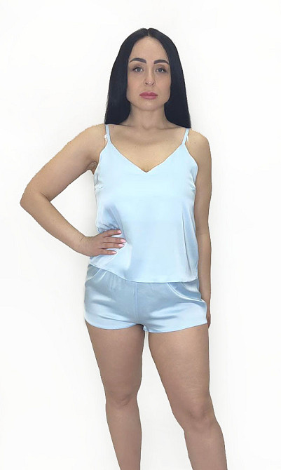 Пижама шелковая женская с шортами Голубой L Харьков - изображение 1