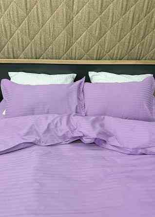 Комплект постільної білизни Страйп-сатин Двоспальний 180х220 з простирадлом на резинці Лавандовий (88-175) Київ