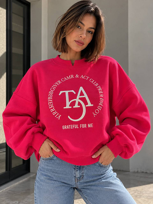 Свитшот женский OLIVIA 2479 oversize утепленный на флисе с вышивкой one size, малиновий, one size Киев - изображение 18