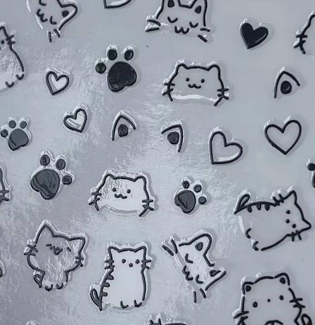 Наклейки на ногти котики черно-белые 1 лист, слайдер дизайн для маникюра, наклейки лапки сердечки kawaii Киев - изображение 2
