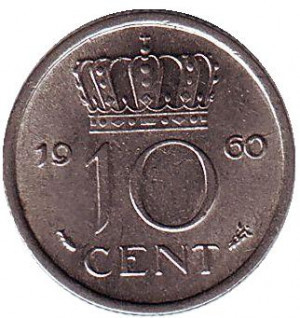 Монета 10 центів. 1960 рік, Нідерланди. Полтава - фото 1