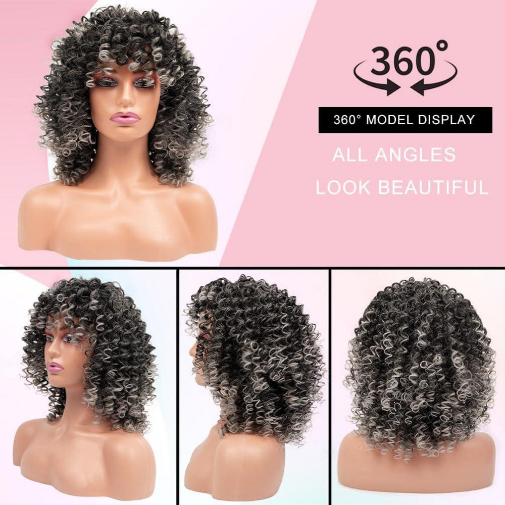 Перука кучерява афро сіра сива омбре з чубчиком, жіноча коротка синтетична термостійка, хвилясте волосся для Гелловіну Київ - фото 2