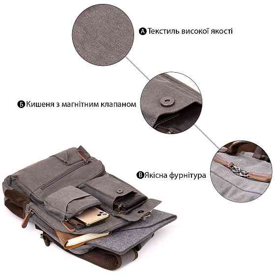 Рюкзак текстильний дорожній унісекс Vintage 20618 Сірий Київ