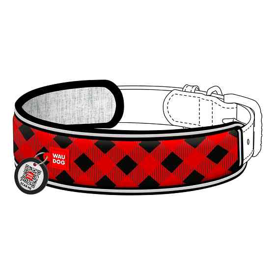 Ергономічна накладка на нашийник WAUDOG Nylon з QR-паспортом, малюнок "Шотландка червона" (розм Коломыя