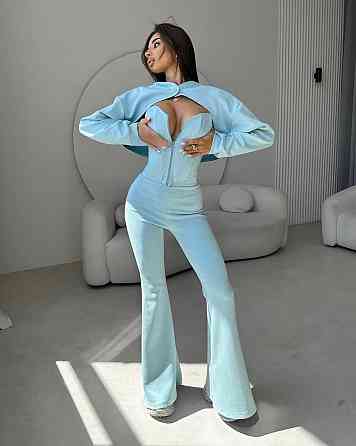 Женский стильный костюм тройка: кофта, корсет и лосины замш на дайвинге Голубой, 46/48 Одесса