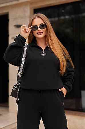 Женский теплый прогулочный костюм двойка: кофта и штаны флис двусторонний Черный, 50/52 Одесса