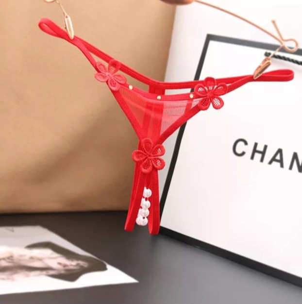 Трусики з розрізом та бусинками червоні - розмір універсальний (на резинці), 15% нейлон, 85% поліестер Київ - фото 1