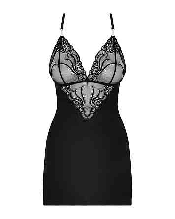 Сатиновый комплект для сна с кружевом Obsessive 828-CHE-1 chemise & thong L/XL, черный, Сорочка Sex Aura Киев