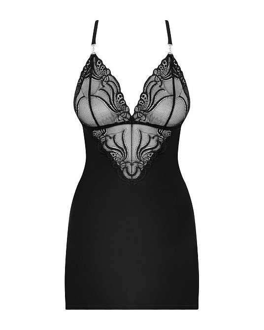 Сатиновый комплект для сна с кружевом Obsessive 828-CHE-1 chemise & thong L/XL, черный, Сорочка Sex Aura Киев - изображение 5