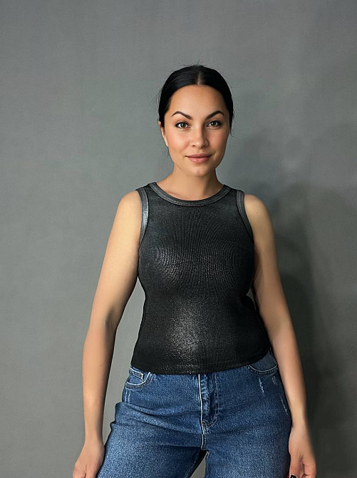 Майка женская A-N 332 в рубчик с эффектом серебристого напыления, черный, one size Киев - изображение 1