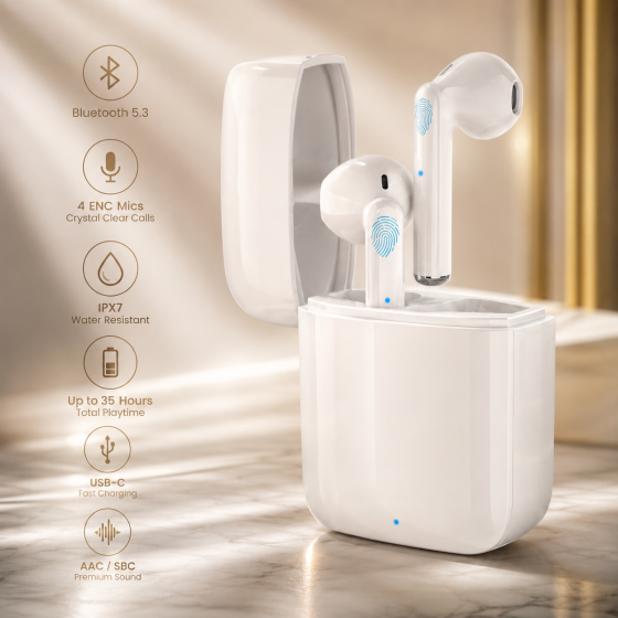 Бездротові навушники Bluetooth 5.3 TWS з 4 мікрофонами ENC, IPX7, USB-C, до 35 годин роботи, AAC/SBC Київ