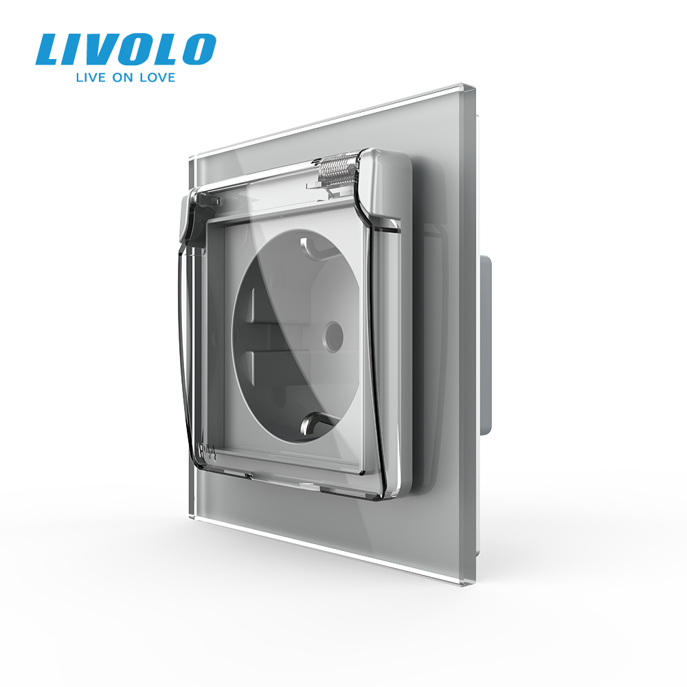 LIVOLO Електрична розетка вологозахисна з кришкою IP44 з заземленням, LIVOLO, сіра, скляна рамк Коломия - фото 1