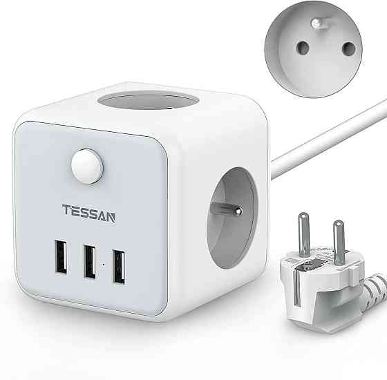 Сетевой удлинитель TESSAN USB Power Strip Cube, 3 розетки, 3 USB-порта, выключатель, 1.5 м, серый Киев