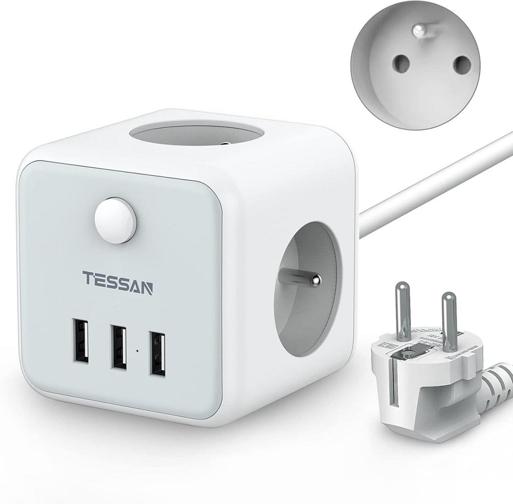 Мережевий подовжувач TESSAN USB Power Strip Cube, 3 розетки, 3 USB-порти, вимикач, 1.5 м, сірий Київ - фото 1