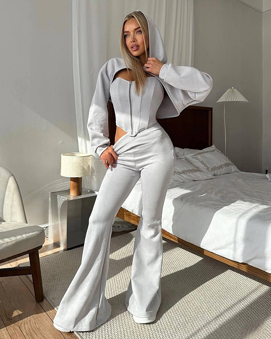 Женский стильный костюм тройка: кофта, корсет и лосины замш на дайвинге Серый, 42/44 Одесса - изображение 1