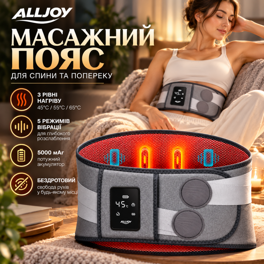 Бездротовий масажний пояс для спини та попереку ALLJOY з підігрівом, 3 температури, 5 режимів вібрації, акумулятор 5000 мАг Київ - фото 1