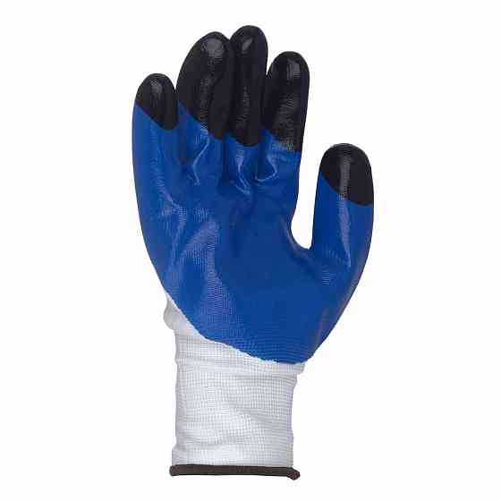 Трикотажные перчатки с частичным нитриловым покрытием усиленные пальцы р10 (сине-черные, манжет) SIGMA Ровно