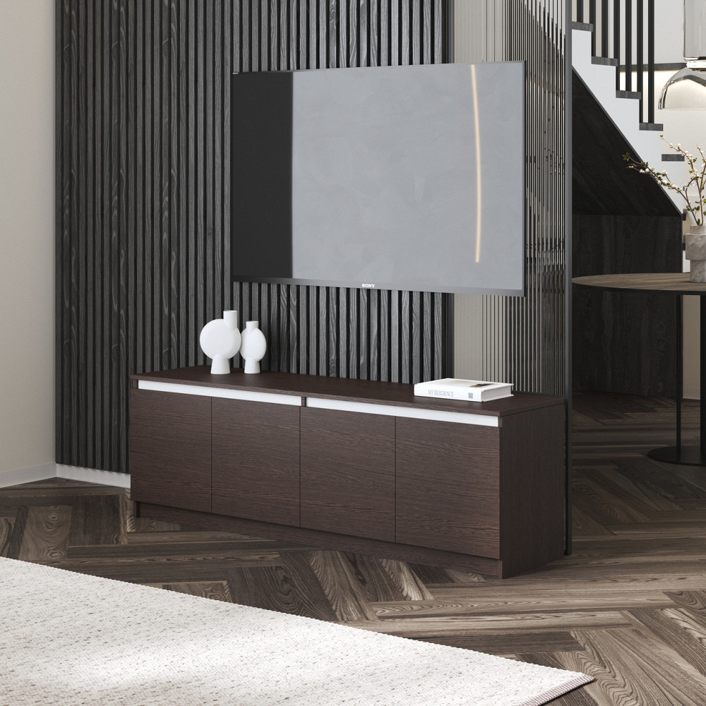 Тумба под телевизор VAYS в гостиную, современная с полками, без ручек R-31 Венге Темный-Белые планки Львов - изображение 1