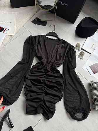 Женское драпированное черное мини платье микродайвинг + сетка Одесса