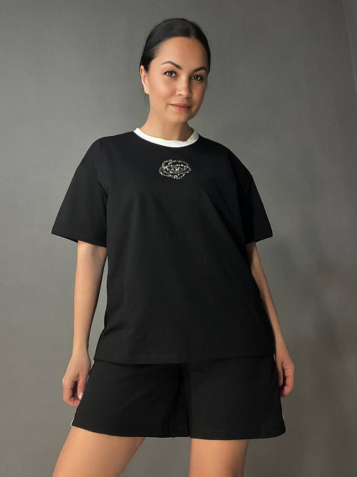 Костюм жіночий Saint Wish 385 футболка з шортами квітка камінці оверсайз чорний, чорний, L Київ - фото 10