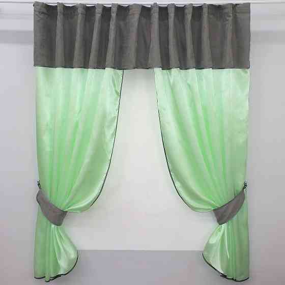 Кухонные шторы VR-Textil № 073к с ламбрекеном и подхватами салатовый с серым 290х170 см (52-0272) Киев